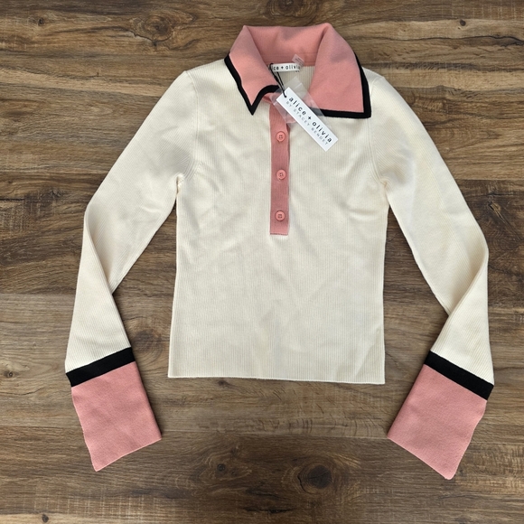NWT Alice + Olivia White Pia Ribbed Knit Polo Wool Sweater Size XS - Picture 2 of 8
